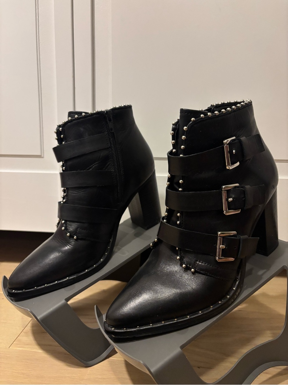 Steve Madden Black Studded Triple-Buckle Ankle Booties